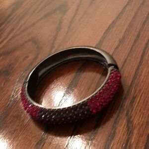 #Bracelet gray metal bangle hinge red and black rhinestone 3 inch diameter